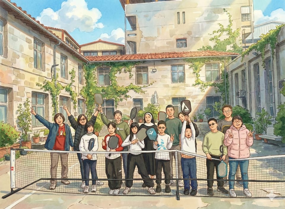青少年與成人教練在戶外匹克球網前拿著球拍合影的溫暖插畫