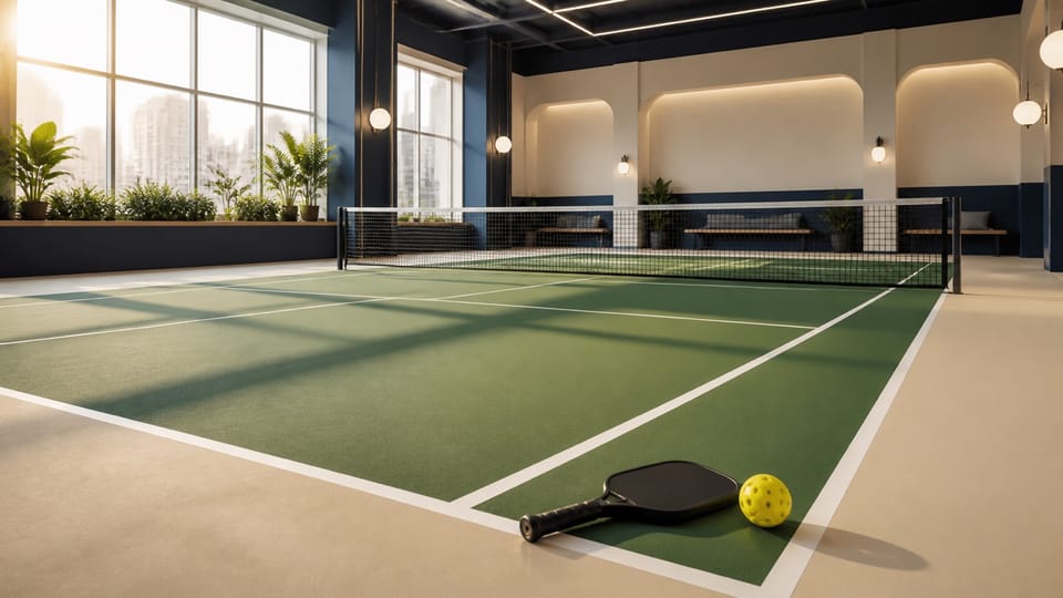 A generic indoor pickleball court in warm morning light, representing bookable play in the Taipei area without depicting a specific venue