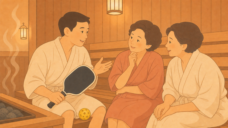日系復古療癒扁平插畫呈現桑拿房裡一名男子向兩位中高齡女性介紹匹克球，旁邊放著球拍與黃色有孔匹克球